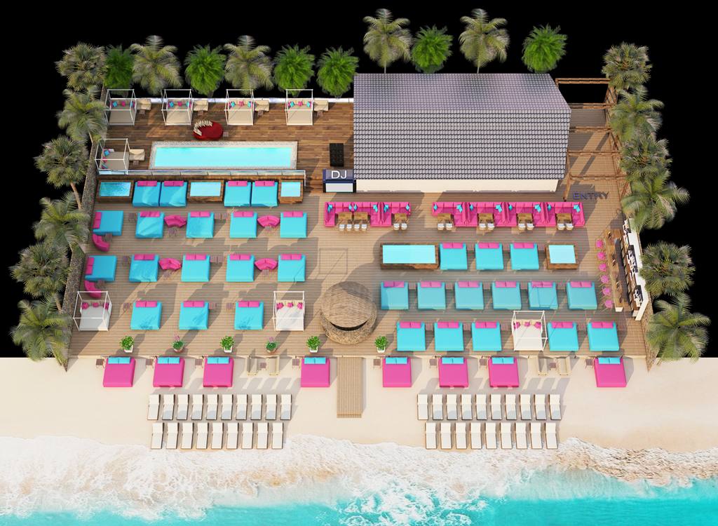 Kova Beach Club layout, top-down view of beds by the sea