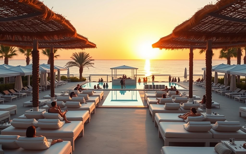 Kova Beach Club at sunset, daybeds by the sea